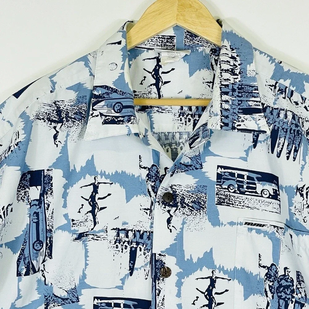 Murf Wear Vintage Shirt Mens 2XL Surf Blue White Hawaiian Tropical Cruise Island